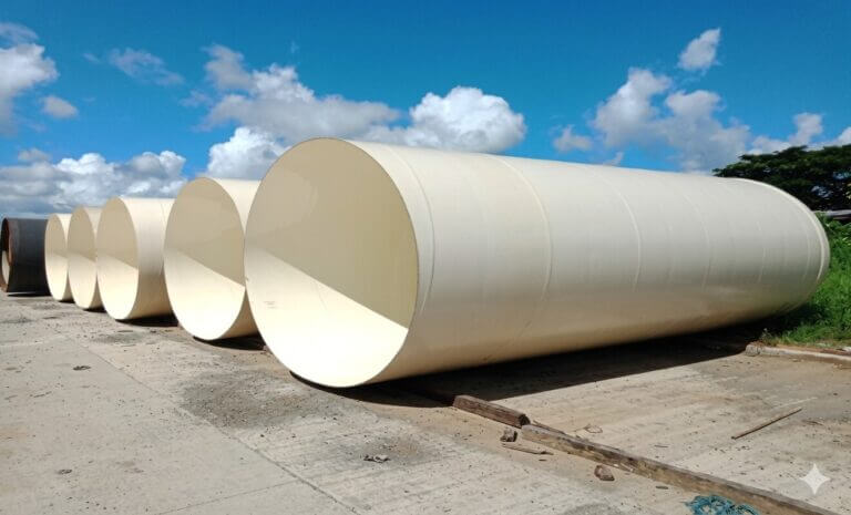 Three large white storage pipes or cylindrical tanks laid horizontally on concrete pads outdoors under a blue sky with scattered clouds.