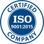 Round blue and white badge reading \'ISO 9001:2015\' in the center with \'CERTIFIED COMPANY\' arched around the outer ring.